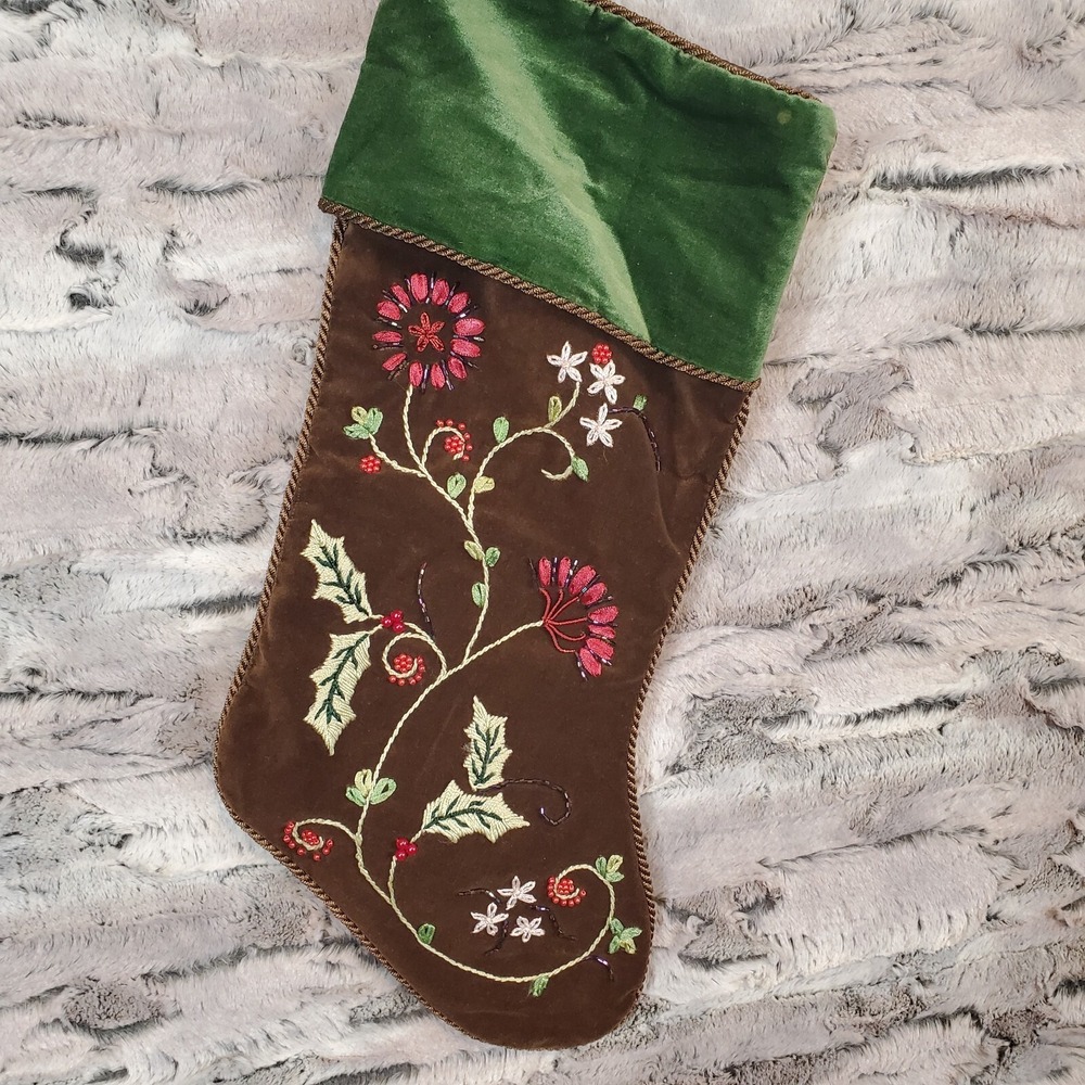 Prima Creations Beaded Floral Christmas Stocking Brown Green Velvet 17‎ Inch